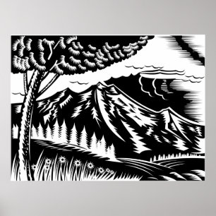 Poster árvore com a montanha no woodcut do fundo