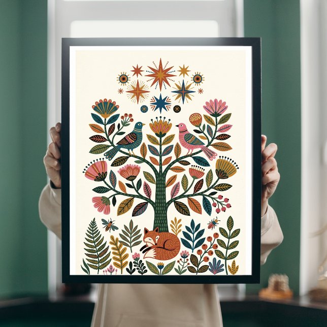 Poster Árvore da Vida Arte Folclórica Boho Pavão Poste Ce (Criador carregado)