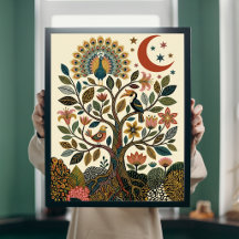Árvore da Vida Arte Folclórica Boho Pavão Poste Ce