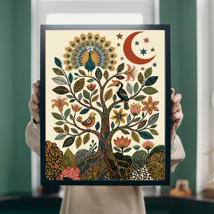 Poster Árvore da Vida Arte Folclórica Boho Pavão Poste Ce
