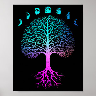 Poster Árvore Da Vida Fases Da Lua Vintage Ioga Retro