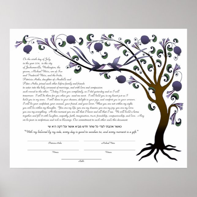 Pôster Árvore da vida ketubah com citação hebraica (mauve (Frente)