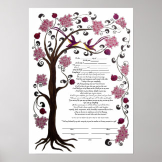 Pôster Árvore da vida Ketubah & pomegranatos, retrato (rw