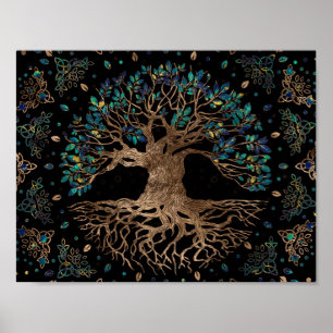 Poster Árvore da vida - Ouro de iggdrasil e ornamento de