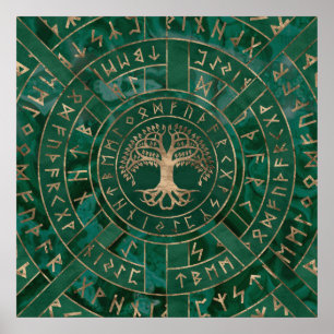 Poster Árvore da vida - Yggdrasil e Futhark - Malachite