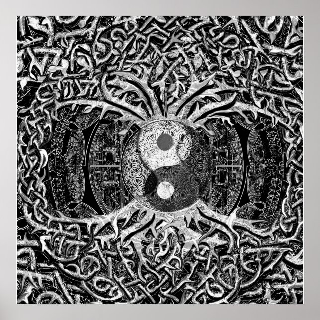 Pôster Árvore da vida Yin Yang em preto e branco (Frente)