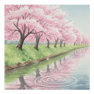 Pôster Árvore de Cerejeira em Aquarela Rosa Pastel Cênica