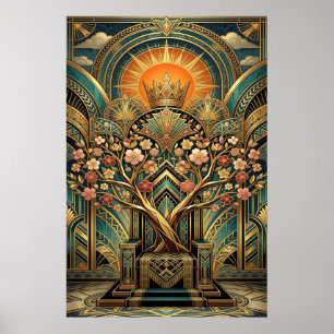 Poster Árvore de Cerejeira em Flor Art Deco Trono Dourado