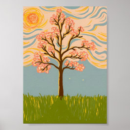 Poster Árvore de Cerejeira em Impasto Céu Estrelado Girat
