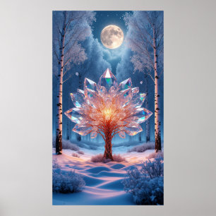 Poster Árvore de Cristal ao Luar Cercada por Floresta Nev