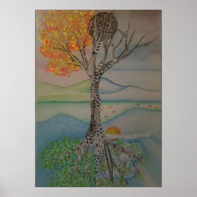 Poster Árvore de design de linha de quatro estações (Frente)