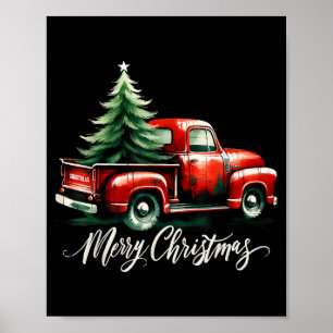 Poster Árvore de Natal Alegre em Caminhão Vermelho Vintag