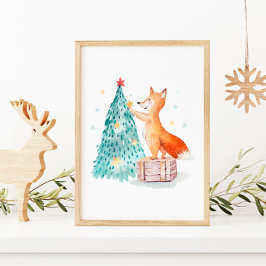 Poster Árvore de Natal Aquarela e Raposa Fofa