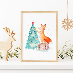 Poster Árvore de Natal Aquarela e Raposa Fofa