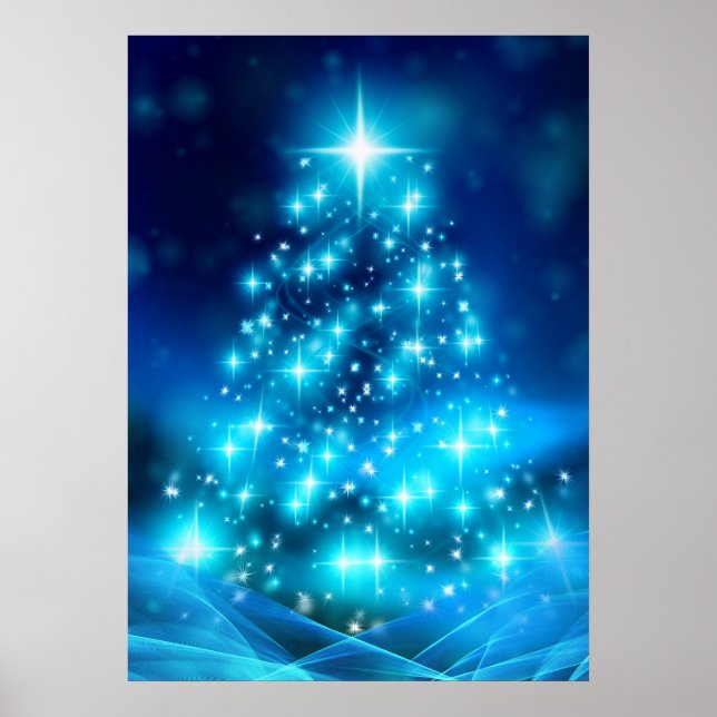 Poster Árvore de Natal Azul Moderna Elétrica com Luzes (Frente)