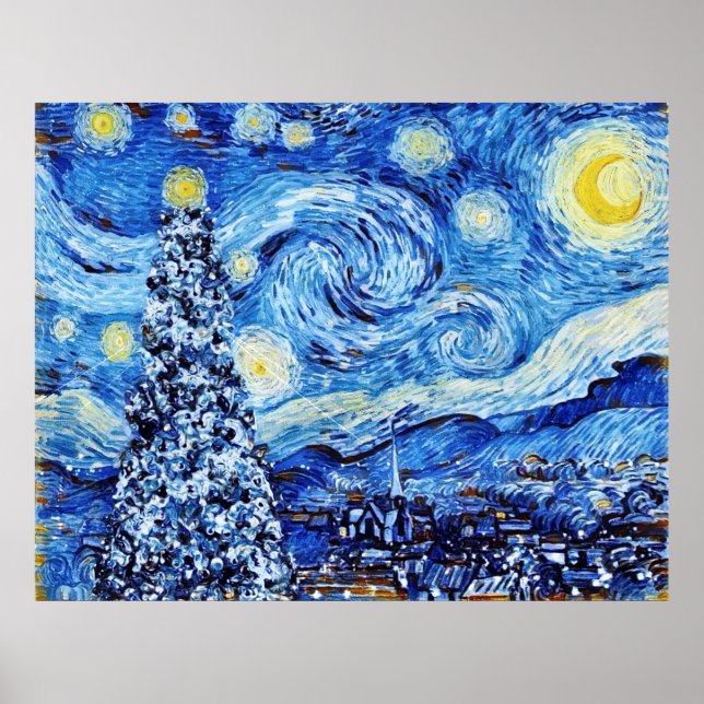 Poster Árvore de Natal Branca Poste Noite Estrelada de Va (Frente)