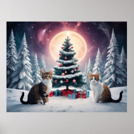 Poster Árvore de Natal coberta por neve com gatos
