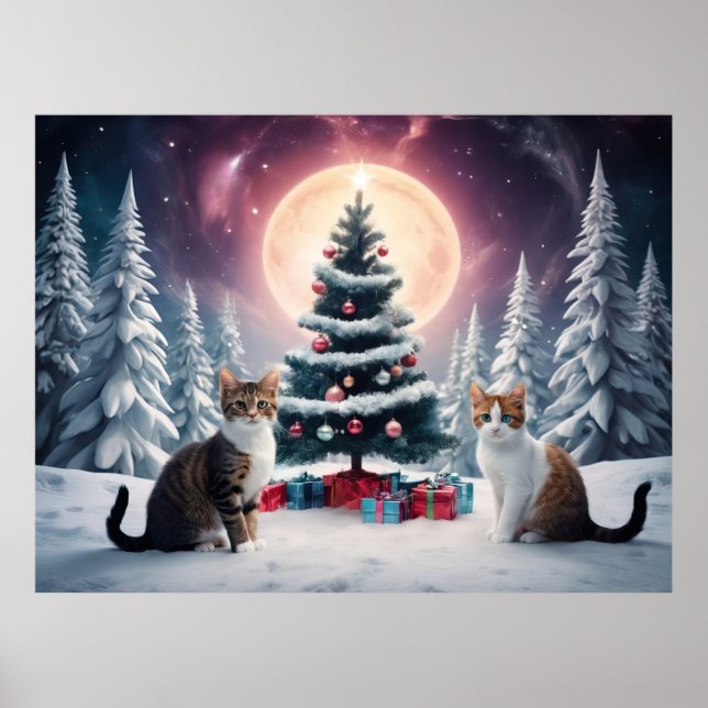 Poster Árvore de Natal coberta por neve com gatos (Frente)