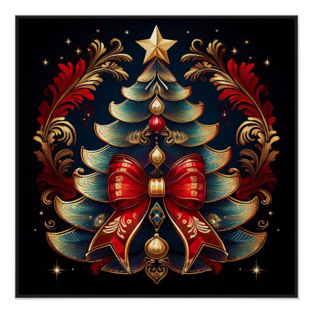 Pôster Árvore de Natal com Laço e Estrela Dourada (Frente)