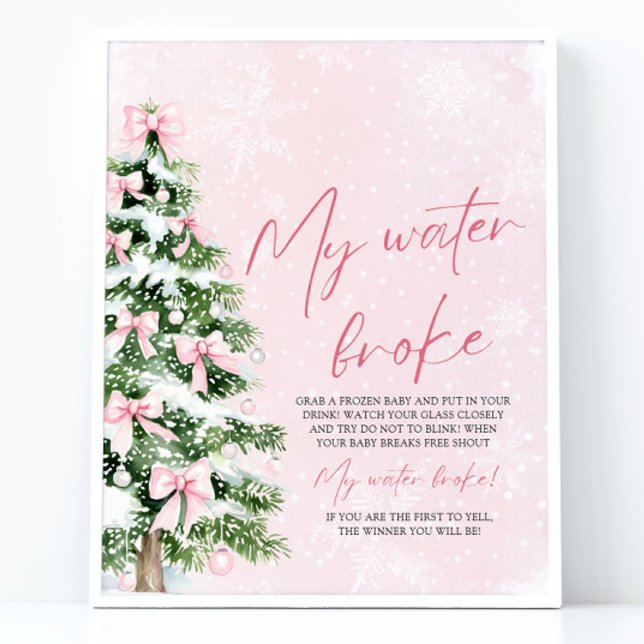 Poster Árvore de Natal com Laço Rosa Meu Saco Rompeu Chás (Pink Bow Christmas Tree My Water Broke Baby Shower Game Sign)