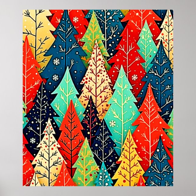 Poster Árvore de Natal com Padrão Vibrante em Arte (Frente)