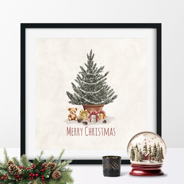 Poster Árvore de Natal com Presentes e Estampa de Urso de (Christmas Tree Wall Art)