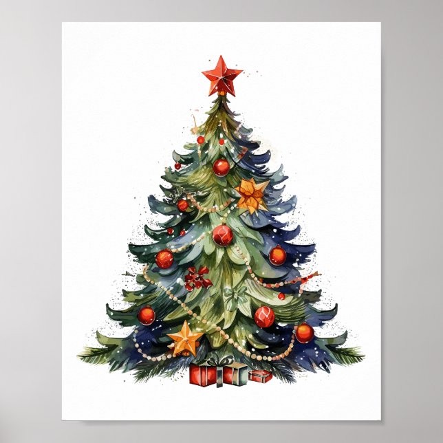 Poster Árvore de Natal de Aquarela, presentes de Natal (Frente)
