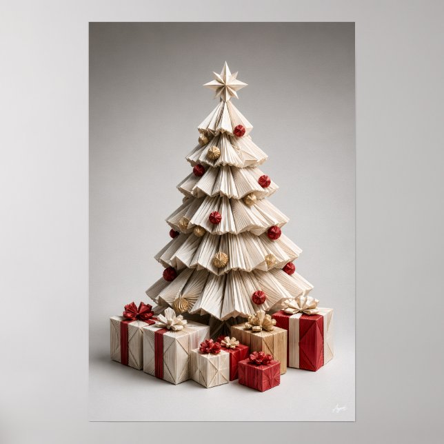 Poster Árvore de Natal de Origami com Presentes (Frente)