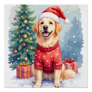 Pôster Árvore de Natal do Cachorro de Água Colorida Quent