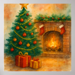 Poster Árvore de Natal em Aquarela & Lareira Aconchegante