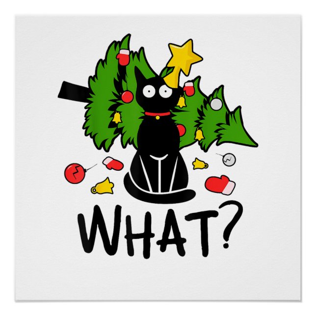 Pôster Árvore de Natal engraçada gato preto Natal alegre  (Frente)