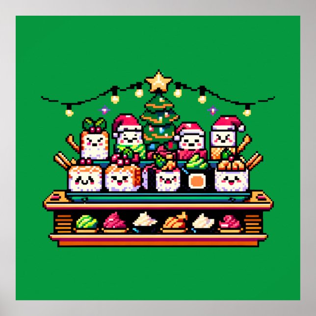 Poster Árvore de Natal Festivo Sushi - Pixel de Arte (Frente)