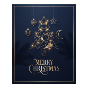 Pôster Árvore de Natal Geométrica Azul e Dourada Elegante