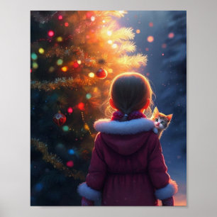 Poster Árvore de Natal menina pequena gatinho fofo