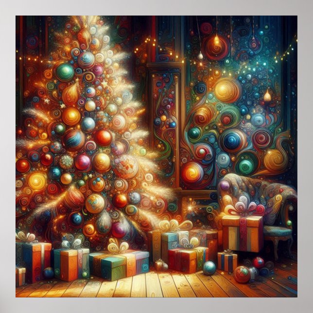 Poster Árvore de Natal Retro com Presentes embaixo na Par (Frente)