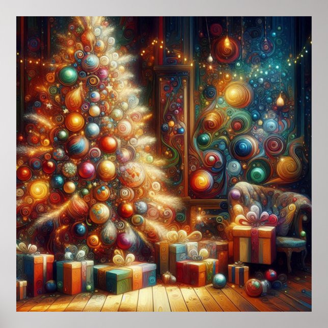 Poster Árvore de Natal Retro com Presentes embaixo na Par (Frente)