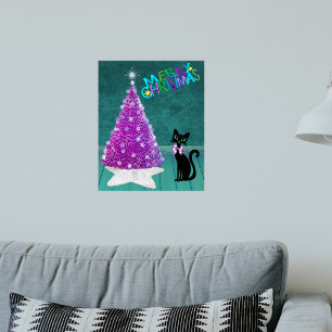 Poster Árvore de Natal Rosa Brilhante Prata Gato Preto Fe
