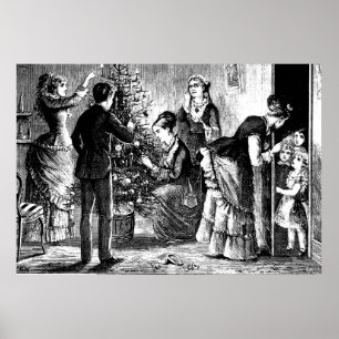 Pôster Árvore de Natal Vintage e Esboço da Família