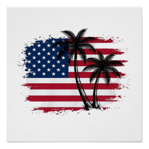 Pôster Árvore de Palmeira Bandeira Americana Arte Vetoria