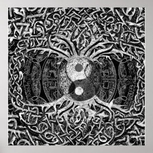 Pôster Árvore de vida Yin Yang em preto e branco