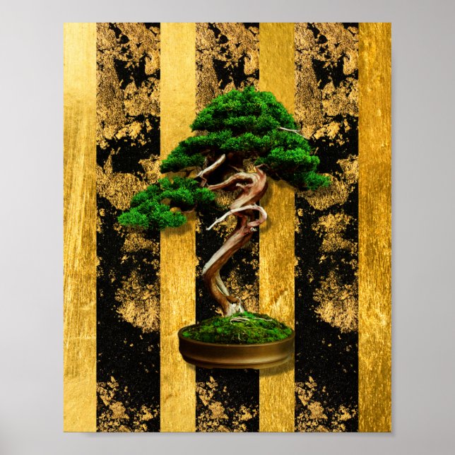 Poster Árvore Dourada verde Bonsai asiático (Frente)