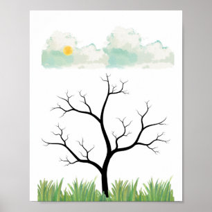 Poster Árvore em Aquarela com Nuvens e Sol, Natureza