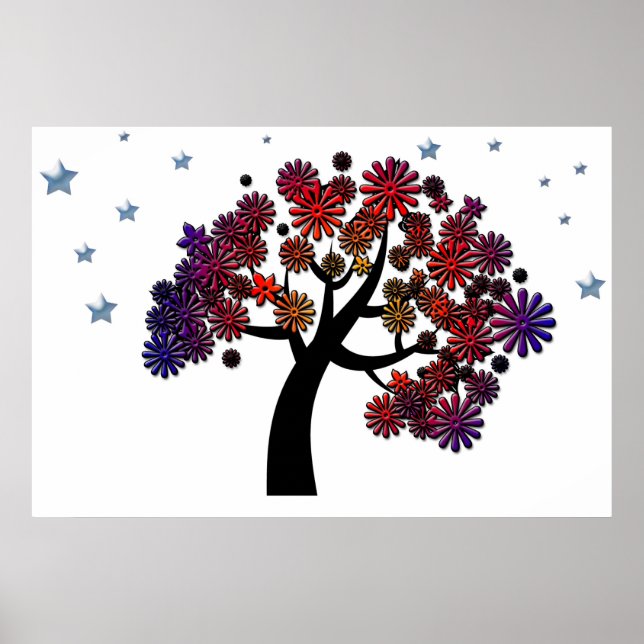 Poster Árvore Fantasia com Flores e Estrelas Roxas e Verm (Frente)