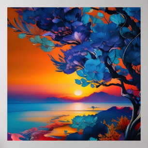 Poster Árvore florescente no lago ao nascer do sol