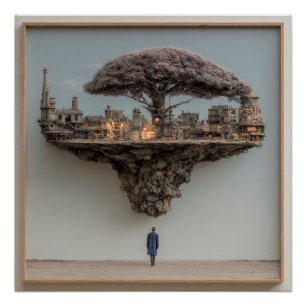 Pôster Árvore Florida Cidade Arruinada Flutuante Surreali