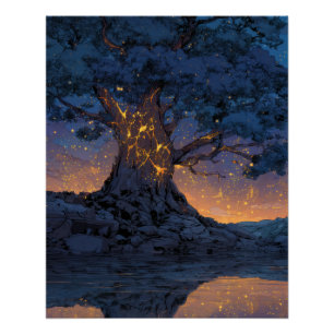 Pôster Árvore Lanterna Reluzente Arte de Fantasia Noturna
