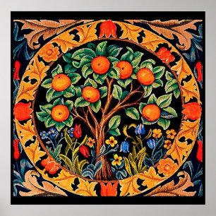 POSTER ÁRVORE LARANJA COM FOLHAS VERDES, FLORES
