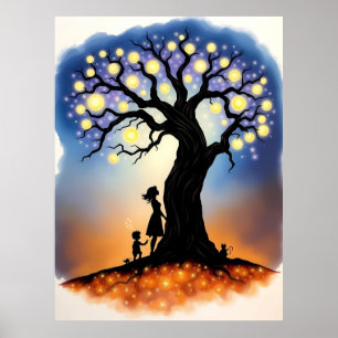 Poster Árvore Mágica de Luzes com Silhuetas