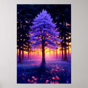 Poster Árvore Majestosa na Floresta com Charme Sunset