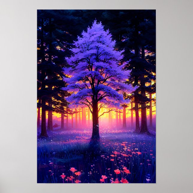 Poster Árvore Majestosa na Floresta com Charme Sunset (Frente)